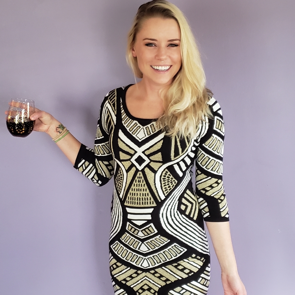 Metallic 3/4 sleeve sweater dress